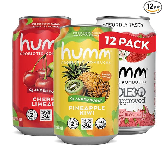 Humm Whole30 Approved Kombucha Seasonal Variety Pack, Strawberry Blossom, Cherry Limeade, Pineapple Kiwi, Organic, Vegan & GMO Free (12 Pack)