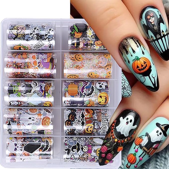 10 Rolls Halloween Nail Stickers Cartoon Pumpkin Nail Art Stickers with Spider Skull Bat Cat Design Sticker Cute Ghost Nail Decals Nail Supplies for Women DIY Acrylic Nails Manicure Wraps Decoration