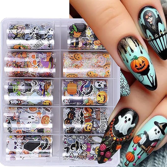 10 Rolls Halloween Nail Stickers Cartoon Pumpkin Nail Art Stickers with Spider Skull Bat Cat Design Sticker Cute Ghost Nail Decals Nail Supplies for Women DIY Acrylic Nails Manicure Wraps Decoration
