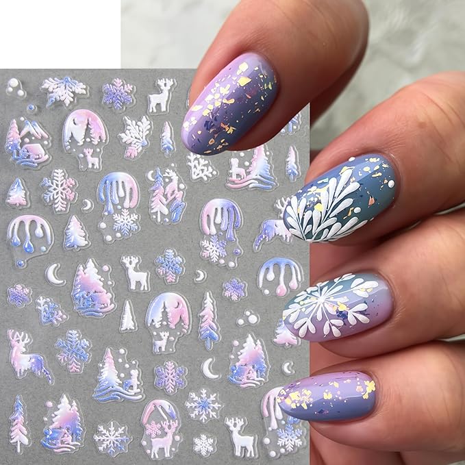 8 Pcs Snowflake Nail Stickers 5D Embossed Self-Adhesive Xmas Snowball Nail Decals Christmas Tree Nail Art Stickers Lantern Ball Holly Leaf Snowmen Nail Supplies for Women Winter Holiday DIY Manicure