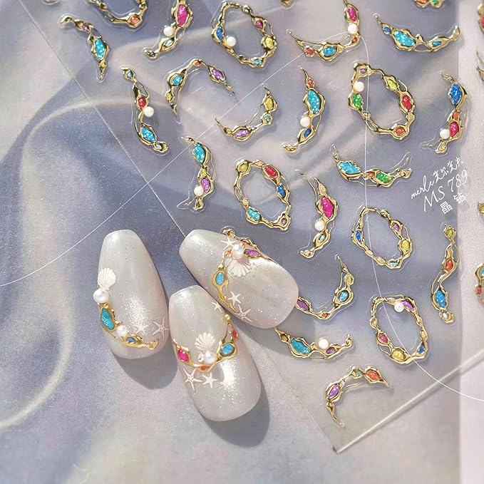 1 Sheet Gold Gemstone Necklace Nail Art Stickers 5D Embossed Pearls Gems Nail Decals with Gilded Designs Nail Sticker Self-Adhesive Colorful Rhinestone Nail Decal for Women Nails Decoration Supplies