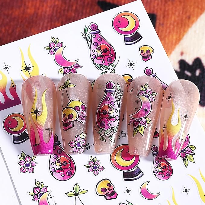 Halloween Nail Art Stickers 6 Sheets Halloween Nail Decals 3D Self Adhesive Cute Nail Stickers Ghost Pumpkin Bat Skull Pattern DIY Manicure Supplies Hallowee Nail Decorations for Women Girls
