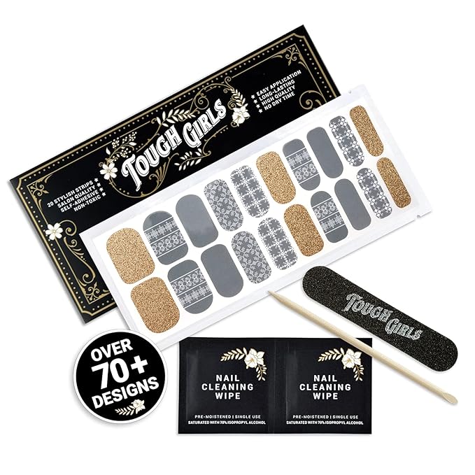 | 20 Exquisite Gel Nail Polish Strips w/Application Accessories - No UV/LED Lamp Required (Holiday | Knitted Gray & Gold Glitter)