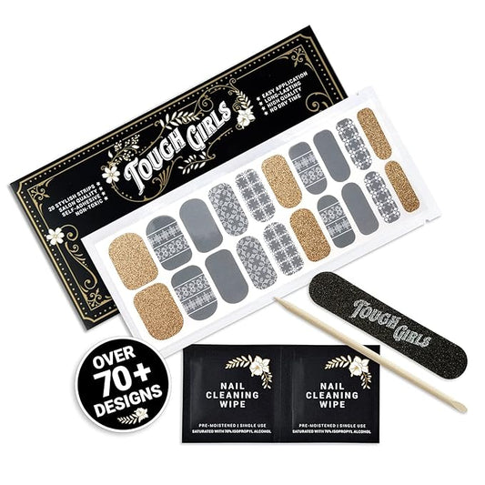 | 20 Exquisite Gel Nail Polish Strips w/Application Accessories - No UV/LED Lamp Required (Holiday | Knitted Gray & Gold Glitter)