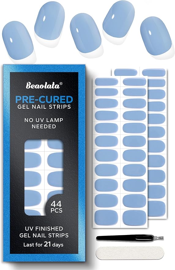 Pre Cured Gel Nail Strips - 44PCS Salon Quality Gel Nail Stickers - Long Lasting Polish Wraps for Women no UV Light Needed Easy Apply& Remove (Lily Blue)