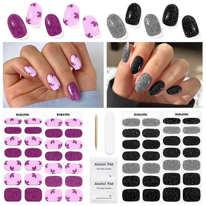 Semi Cured Gel Nail Strips 2 Set, (Glitter Black/Powder) 56 Pcs Gel Nail Wraps Stickers, Works with Any UV Lamps,Long Lasting,Salon-Quality, Easy to Apply
