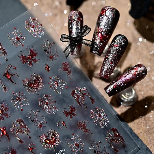 1 Sheets Halloween Nail Stickers for Nail Art 3D Self -Adhesive Spider Web Spider Nail Art Sticker Red Blood Drop Butterfly Heart Designs Stickers Horror Gothic Nail Decal for Women DIY Nail Salon