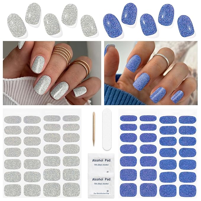 Semi Cured Gel Nail Strips 2 Set, (Glitter Silver/Blue) 56 Pcs Gel Nail Wraps,Stickers Works with Any UV/LED Lamps,Long Lasting,Salon-Quality, Easy to Apply