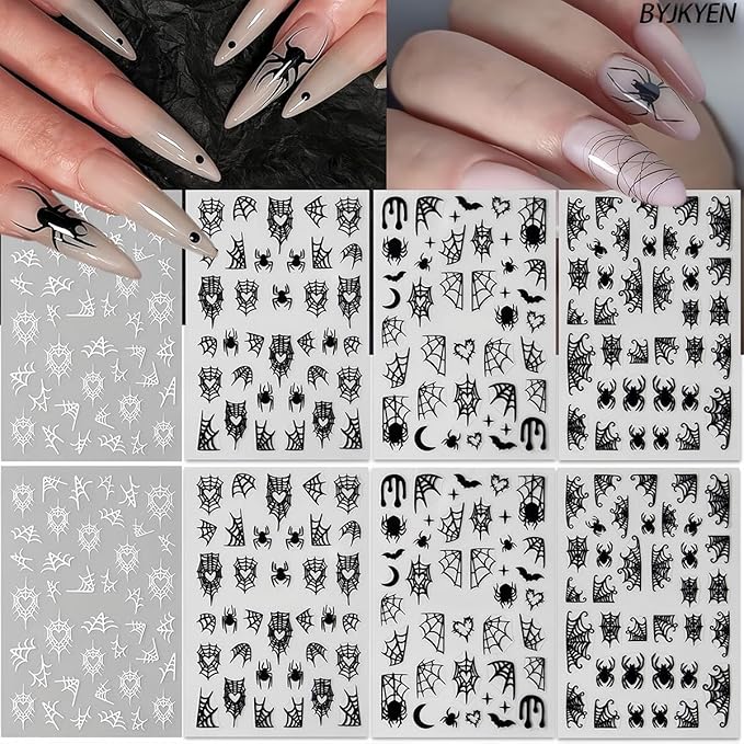 8 Sheets Spider Nail Art Stickers, Halloween Nail Decals 3D Self-Adhesive Black White Spider Web and Spider Design Nail Sticker Halloween Acrylic Nail Art Decoration for Women Holiday Nail Charm