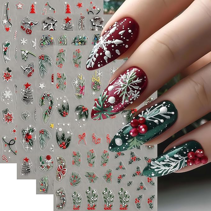 Christmas Nail Stickers 4 Sheets Christmas Nail Art Stickers, 5D Embossed Self-Adhesive Winter Leaves Snowflake Christmas Tree Flower Nail Decals Pattern Design DIY Holiday Nails Decoration for Women