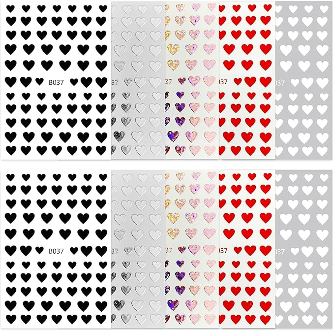 Heart Love Nail Art Stickers Glitter Shiny Love Nail Decals 3D Self-Adhesive Valentine Nail Supplies Glitter Red White Silver Black Heart Nail Design for Acrylic Nail Decorations 10 Sheets