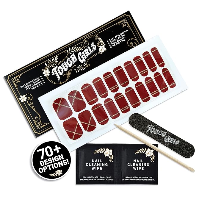 | 20 Exquisite Gel Nail Polish Strips w/Application Accessories - No UV/LED Lamp Required (Holiday | Burgundy & Gold Lines)