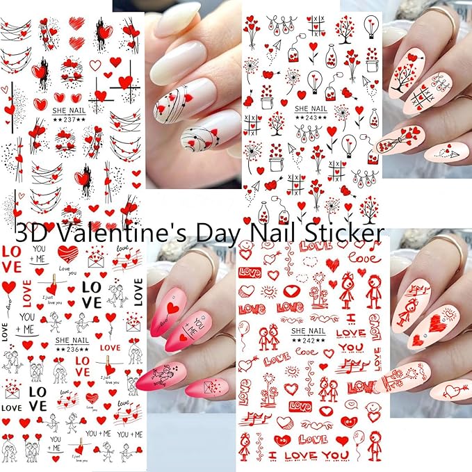 12 Sheets Valentines Nail Stickers, 3D Self-Adhesive Heart Designs, Love Rose Decals for Women Nail Art