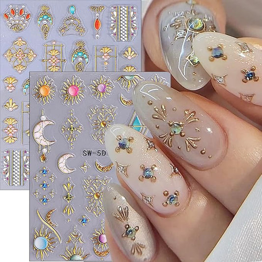 2 Sheets Embossed Sun Star Nail Stickers Bohemian Style Gold Nail Decals Sun Moon Nails Art Stickers Bohemia Luxury Gem Metallic Nail Design Stars Sticker for Manicure Decoration Supplies Tips