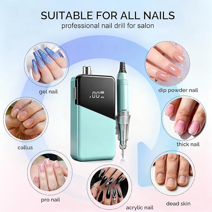 Electric Nail Drill Machine,Lumcrissy Portable Rechargeable 35000 RPM Electric Nail File E-File ,Electric Acrylic Nail Tools ,Polishing,Nail Removing (Light Green)