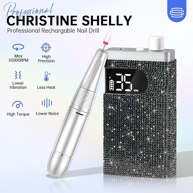 Rechargeable 35000RPM Nail Drill Sparkling Portable Professional Electric Nail File for Acrylic/Gel Nails Professional Nail Tools for Manicure Pedicure, Black Diamond