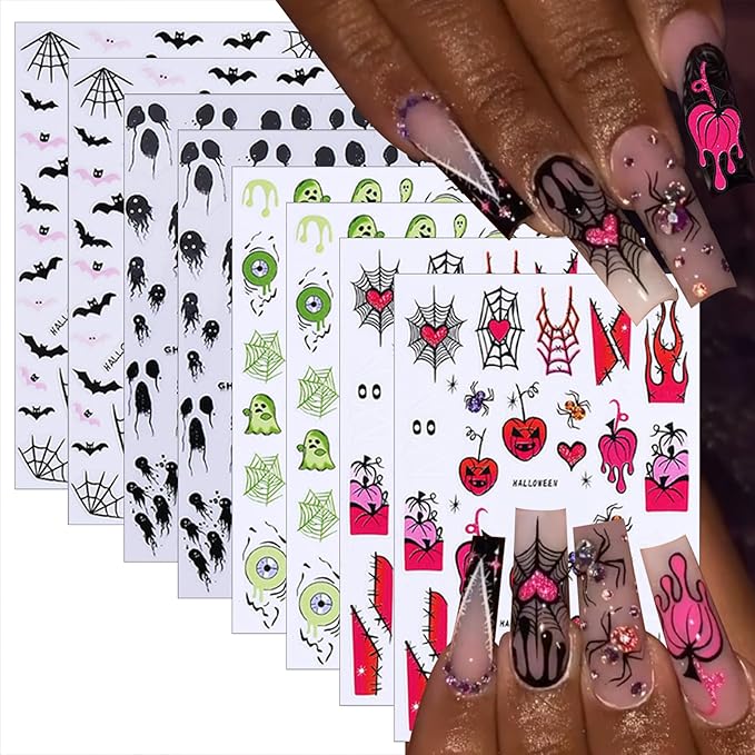 8 Sheets Halloween Nail Art Stickers 3D Self Adhesive French Pink Flame Nail Stickers Pink Pumpkin Heart Spider Web Green Ghost Eye Nail Decals for Women Girls Scary Halloween Manicure Decoration