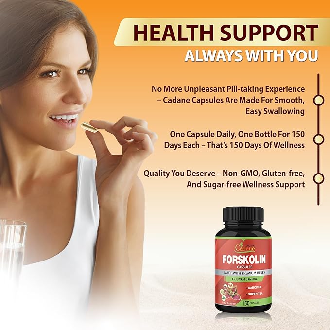 Organic Cadane Forskolin Supplement Capsules - 5in1 Concentrated with Turmeric Curcumin, Arjuna, Garcinia Cambogia, and Green Tea - 150 Capsules for 5 Months Supply