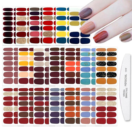 WOKOTO 20 Mixed Solid & Marble Nail Polish Strips with Nail File, Self-Adhesive Gel Nail Stickers for Women, Nails Art DIY Decorations