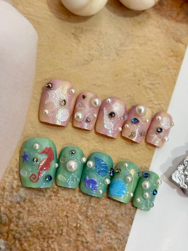 Summer Ocean Style 5D Embossed Dream Shell Starfish Jellyfish Beach Nail Stickers - DIY Nail Art Decorations for Summer Vacation A Set of 3 Sheets