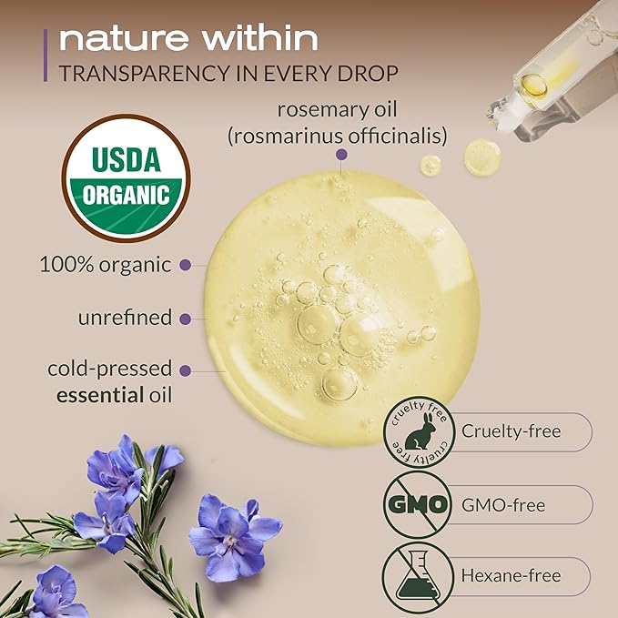 Ella & Eden Rosemary Oil for Hair 100% Pure, Steam-Distilled, Hexane-Free | USDA Certified Organic Rosemary Essential Oil for Skin Aromatherapy in a Glass Bottle, 4 Oz