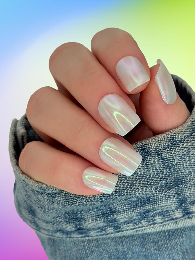 | 20 Exquisite Gel Nail Polish Strips w/Application Accessories - No UV/LED Lamp Required (Clear Gloss w/Green & Pink Iridescence)