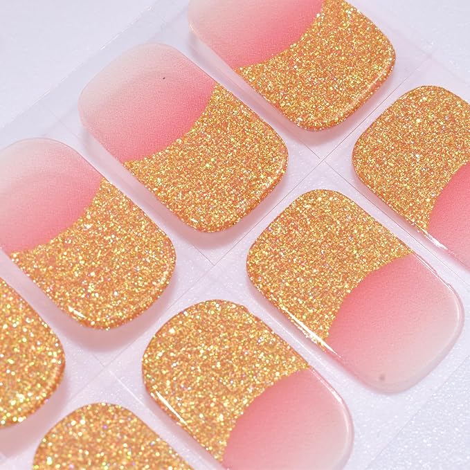 Semi Cured Gel Nail Strips (Glitter French Tip)-22 PCS Manicure Stickers | Light Required | Gel Nail Wraps, Salon Quality & Easy To Use