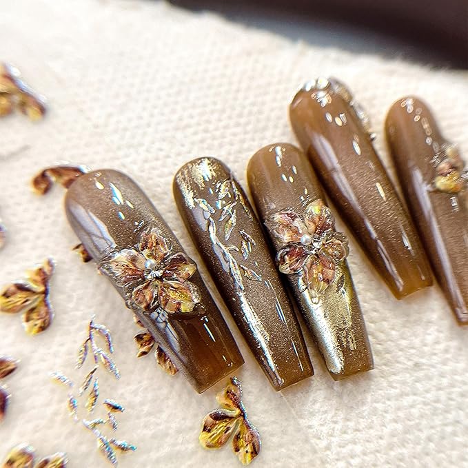 1Sheet Devil Flower Nail Art Stickers 5D Embossed Brown Flowers Designs Nail Decals for Acrylic Nails Self-Adhesive Cute Floral Nail Stickers Shiny Leaf Nail Decal for Women Nails Decor Accessories