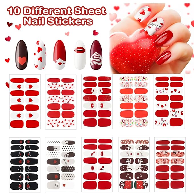 140 Pcs 10 Sheets Valentine's Day Full Wrap Nail Stickers Polish Strips Gradient Stickers Glitter Self Adhesive DIY Art Decals Strips with 2 Pcs Nail Files for Valentine Decor