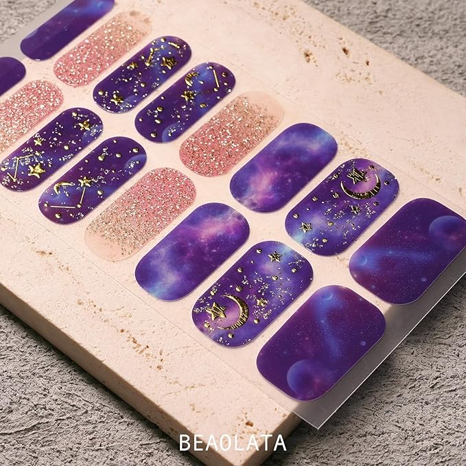 Nail Polish Strips, 32PCS Salon Quality Wraps, Long Lasting Gel Nail Stickers for Women Easy Apply& Remove (Stardust Purple Dream)