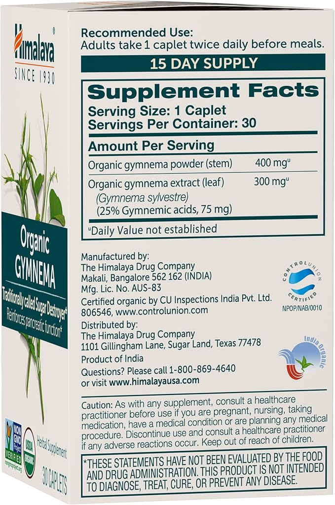 Himalaya Organic Gymnema Sylvestre - Herbal Glucose Metabolism Support - USDA Organic, Non-GMO, Vegan, Gluten Free, 700 mg, 30 Caplets (Pack of 2)