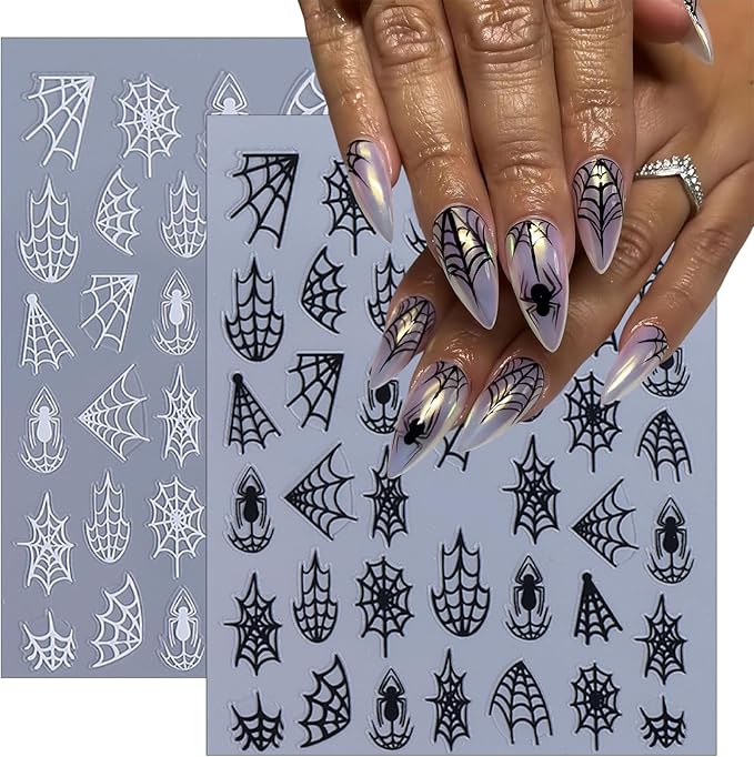 8 Sheets Halloween Nail Art Stickers 3D Self-Adhesive Spider Web Nail Stickers White Black Red Gold Laser Silver Spider Design Nail Decals for Women Girls Scary Halloween Manicure Decoration