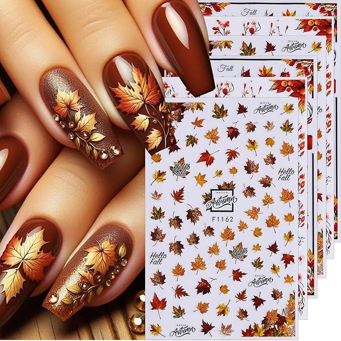 Fall Nail Stickers for Nail Art Maple Leaf Nail Decals 6PCS 3D Self-Adhesive Autumn Leaves Deer Pattern Design Stickers Decoration for Women DIY Holiday Party Nail Supplies Charms Accessories