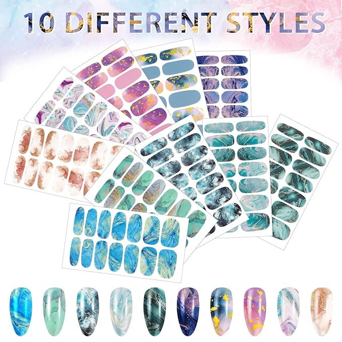 140 Pcs 10 Sheets Marble Full Wrap Nail Stickers Polish Strips Gradient Stickers Glitter Self Adhesive DIY Art Decals Strips with 2 Pcs Nail Files for Holiday Decor (Marble Style)