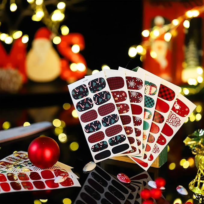 140 Pcs 10 Sheets Christmas Full Wrap Nail Stickers Polish Strips Plaid Gradient Stickers Glitter Self Adhesive DIY Art Decals Strips with 2 Pcs Nail Files for Xmas Decor (Snowflake Style)