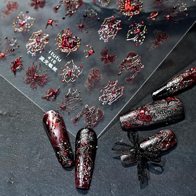 Halloween Nail Stickers for Nail Art 5D Red Rhinestone Spider Nails Decals Self Adhesive Bloody Butterfly Heart Spider Web Design Halloween Spider Nails Art Stickers for Women Manicure Supplies 1PCS