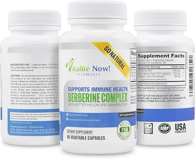 High Strength Berberine 500mg + Bitter Melon & Banaba - Immune System Health - Cardiovascular & Gastrointestinal Support - 60 Vegetarian Capsules