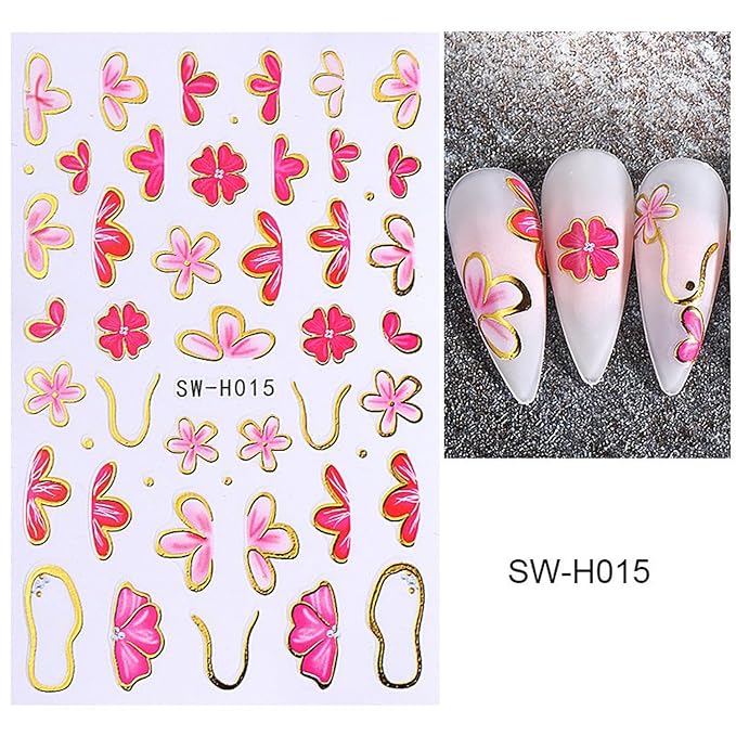 Flower Nail Art Stickers Decals,Colorful Petal Gold Line Nail Stickers for Nail Art Pink Floral Plant Nail Design Flowers Sticker for Nails Spring Manicure DIY for Women Nail Decor Accessories 4PCS