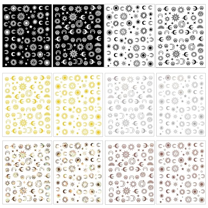 12 Sheets Sun Moon Star Nail Art Stickers Decals, 3D Self-Adhesive Fashion Trendy Minimalist Colorful Rose Gold Pegatinas Uñas Design, DIY Manicure Decoration Supplies Accessories for Women Girls