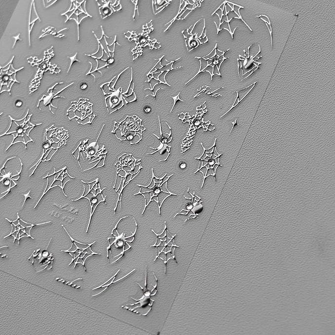 Halloween Spider Nail Stickers Silver Crystal Diamond Nail Art Decals 5D Nail Stickers Cross Rose Spider Web Spiders Nail Art Supplies Cute Halloween Nails Accessories for Acrylic Nails Decorations