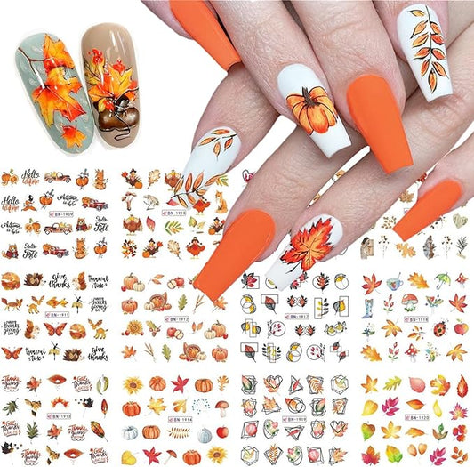 12 Pcs Fall Nail Art Stickers Maple Leaves Nail Art Water Transfer Decals Autumn Thanksgiving Turkey Pumpkin Design Nail Foil Stickers Fall Nail Supplies for Women Acrylic DIY Manicure Decorations