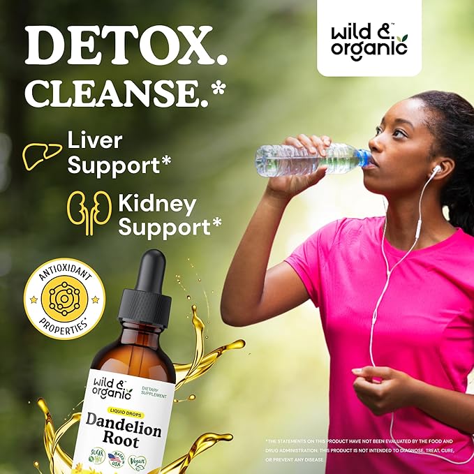 Wild & Organic Dandelion Root Supplement Drops - Liver Cleanse Support - Dandelion Root Tincture for Liver Detox - Vegan, Sugar & Alcohol-Free Liquid Extract - 2 fl oz