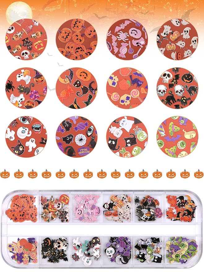 Kalolary Halloween Nail Art Sequins, 3D Skull Spider Pumpkin Bat Ghost Witch Stickers for Acrylic Nails, Halloween Wood Pulp Glitter Flakes for Nail Art Decorations