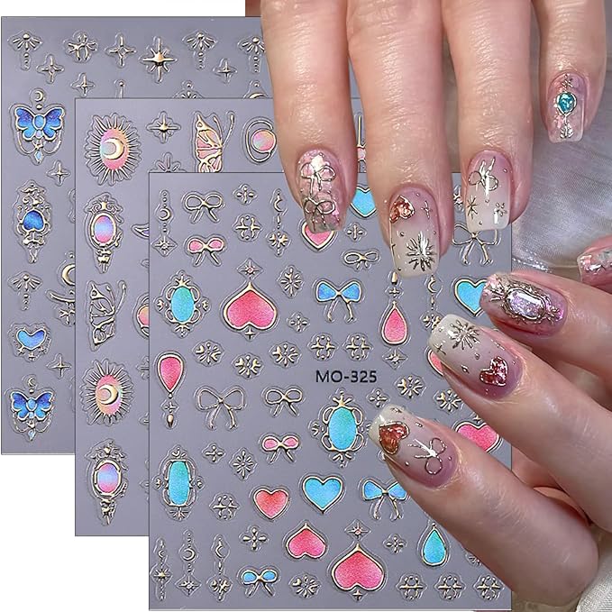 Retro Sun Moon Star Nail Art Stickers Baroque Style Nail Design Nail Decals 5D Embossed Self-Adhesive Butterfly Nail Stickers Red Blue Heart Bow Nail Decoration Supplies for Women DIY Manicure -3Pcs