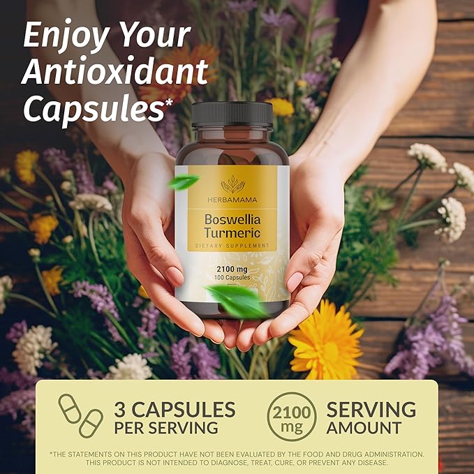 HERBAMAMA Turmeric and Boswellia Extract Capsules - 2100mg Boswellia Serrata & Turmeric Complex with Black Pepper Extract - Vegan, Non-GMO, 95% Curcuminoids Antioxidant Supplement, 100 Caps