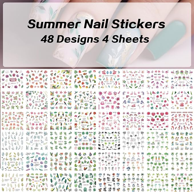 Flamingo Nail Water Decals Stickers 48 Designs Tropical Summer Nail Art Stickers DIY Watermark Fingernails Supply Colorful Flower Leaves Coconut Tree Nail Art Decoration Manicure Accessories 4 Sheets
