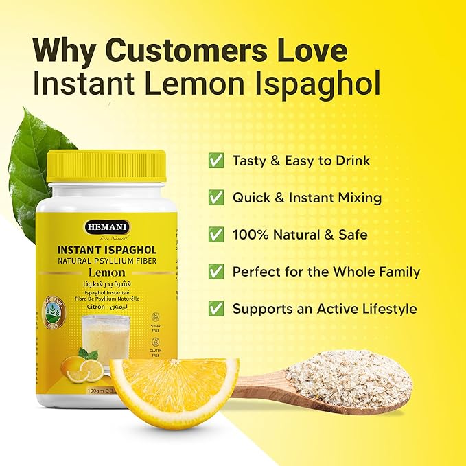 Hemani Instant Psyllium Husk Ispaghol 100g | Lemon Flavored On-The-Go Fiber Supplement | Supports Digestive Health | Add to Water for a Refreshing Drink