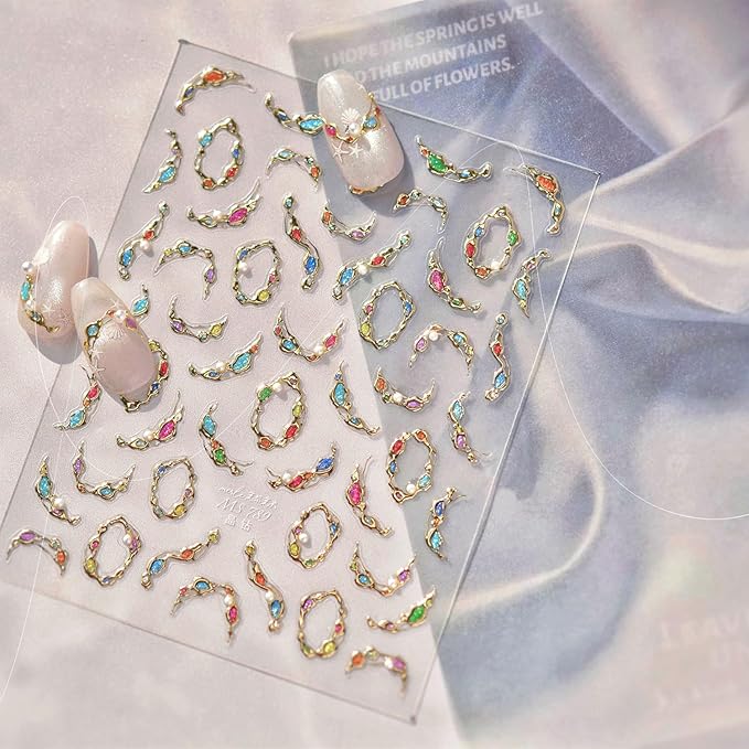 1 Sheet Gold Gemstone Necklace Nail Art Stickers 5D Embossed Pearls Gems Nail Decals with Gilded Designs Nail Sticker Self-Adhesive Colorful Rhinestone Nail Decal for Women Nails Decoration Supplies