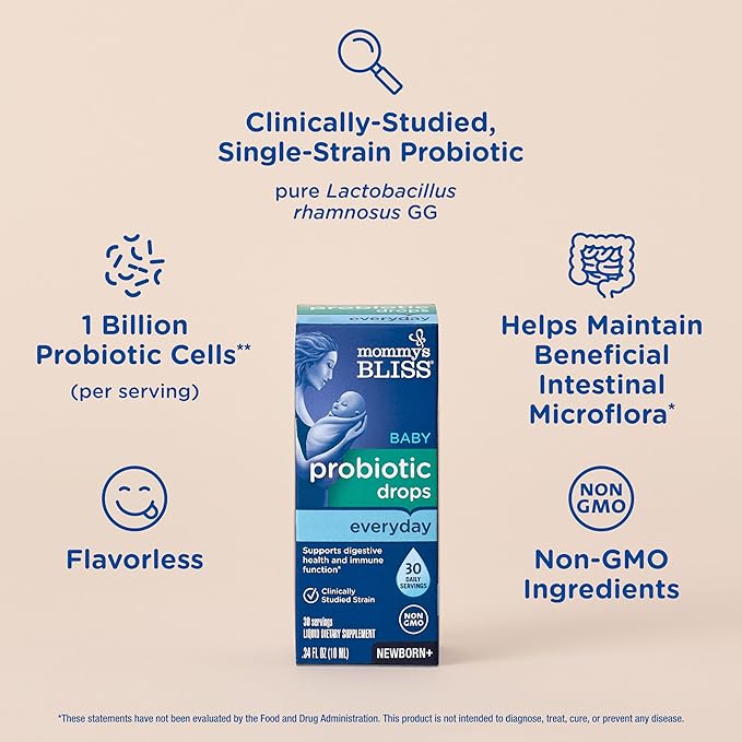 Mommy's Bliss Baby Probiotic Drops, Daily Gas, Constipation and Colic Symptom Relief + Immune Support, Newborns & Up, 0.34 Fl Oz (30 Servings), Pack of 2