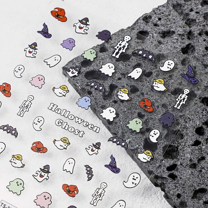 Halloween Nail Stickers for Nail Art - Cute Ghost Nail Art Sticker Halloween Bat Witch Hat 5D Embossed Nail Decals Self-Adhesive Nails Supply Manicure Stickers for Nails Decoration